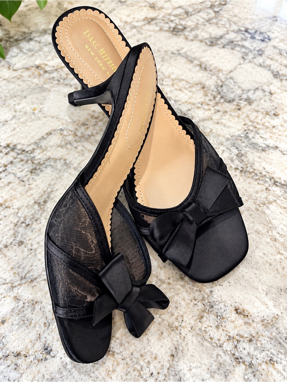 New! Isaac Mizrahi Black Satin Bow Kitten Heel Mules with Mesh Insets